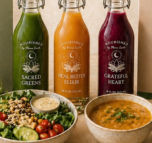 Sacred Greens, Heal Better Elixir, and Grateful Heart bottles by Nourished by Mama Earth